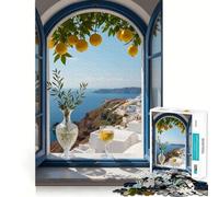 Santorini View through Open Window 1000 Piece Jigsaw Puzzles for Teenagers Jigsaw Recall Build Easy Leisure Neat Cut Santa Wish Gift (38x26cm)