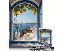 Santorini View through Open Window Jigsaw Puzzle 1000 Piece for Teenagers Strengthen Recall Calm Relax Quality Edge Perfect Present (38x52cm)