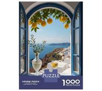 Santorini View through Open Window Jigsaw Puzzle 1000 Pieces, Romantic City Break Scene, Matte Printed Jigsaw for Travel Lovers, Screen-Free Fun, 52x38cm/1000pcs