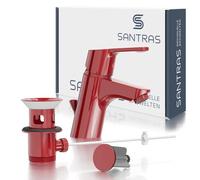 SANTRAS® Bathroom Wash Basin Mixer Tap in Red (RAL 3003, Glossy) with Pull Rod & Eccentric Drain Fitting - Single Lever Mixer Tap Hot/Cold for 1-Hole Sink - Tap with Drain Fitting