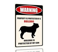 SANTUKEY Funny Dog Warning Metal Tin Signs Wall Art Decor Property Is Protected By A Bulldog Sign For Home Decor Gifts To Indoor And Outdoor Home Coffee Bar Wall Decor 8"X12"