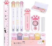 SANTUO Cute Cat Paw Stationery Set, Kawaii Cat Stationery Kit with Retractable Eraser, Refill Core, Ruler, Double-Ended Highlighter, Correction Tape Cube, Storage Box and 120Pcs Sticky Notes
