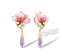 Santuzza 925 Sterling Silver Orchid Earrings Pink Glass Cubic Zirconia Handmade Enamel Pink Flower Dangle Earrings for Women