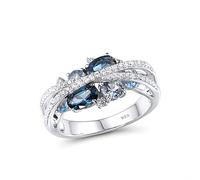 Santuzza 925 Sterling Silver Twist Ring Blue Spinel White Cubic Zirconia Rings for Women (7.5)