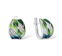 Santuzza Bamboo Leaves Earrings 925 Sterling Silver Cubic Zirconia Enamel Leaf Dangle Earrings for Women