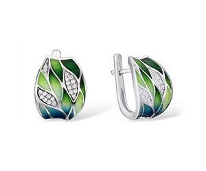 Santuzza Bamboo Leaves Earrings 925 Sterling Silver Cubic Zirconia Enamel Leaf Dangle Earrings for Women