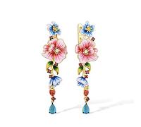 Santuzza Peony Earrings 925 Sterling Silver Blue Glass Enamel Butterfly Ladybug Pink Flower Long Dangle Earrings for Women