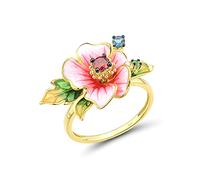 Santuzza Peony Ring 925 Sterling Silver Garnet Handmade Enamel Flower Ring for Women (8)