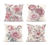 Sanwarm Linen Throw Pillow Covers Set of 4, 18 x 18 Inch, Rose Floral