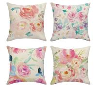 Sanwarm Throw Pillow Covers Home Decor Set of 4 Floral Pink Rose Pillow Cases Decorative 18 x 18 Inches Outdoor Cushion Couch Sofa Pillowcases