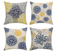 Sanwarm Throw Pillow Covers Home Decor Set of 4 Pillow Cases Decorative 18 x 18 Inches Outdoor Cushion Couch Sofa Pillowcases Spring Floral Blue Yellow Navy