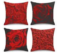 Sanwarm Throw Pillow Covers Home Decor Set of 4 Pillow Cases Decorative 18 x 18 Inches Outdoor Cushion Couch Sofa Pillowcases Red Rose Black Bloom Blossom