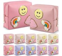 Sanwuta 12 Pcs Preppy Patch Makeup Bag Chenille Letter Cosmetic Bag PU Leather Preppy Organizer Smile Heart Toiletry Pouch Portable Waterproof Storage Purse Pouch for Women, Multicolor, 5 Inch, Smile