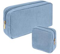 Sanwuta 2 Pack Corduroy Makeup Bag Set Cosmetic Toiletry Travel Pouch Organizer Velvet Makeup Bag for Women Large Capacity Corduroy Pouch Zipper Travel Purse Organizer Case Accessories, Misty Blue
