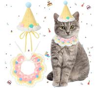 Sanwuta 2 Pcs Cat Birthday Party Supplies, Knit Cat Hat Kitten Birthday Bib Knit Bandana Pet Party Costume Headwear Accessories for Puppy Kitten Small Dogs Animals (Cream Yellow)