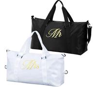 Sanwuta 2 Pcs Couple Duffel Travel Bag Set, Wedding Gift Bag for Valentine Bride Groom Honeymoon Travel Bags, Gym/Weekender Bag, Black, White, Mrs Mr
