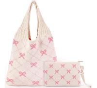 Sanwuta 2 Pcs Crochet Tote Bag with Coquette Bow Purse, Pink Beach Bow Mesh Knitted Shoulder Bag Aesthetic Bohemian for Women