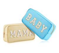Sanwuta 2 Pcs Mama Makeup Bag Baby Nylon Mom Pouch Preppy Makeup Bag with Zipper Chenille Letter Cosmetic Pouch Toiletry Storage for Travel Mother's Day Birthday Gift, Blue, Beige, 9.45 x 5.12 x 2.76