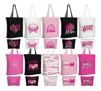 Sanwuta 20 Pcs Breast Cancer Awareness Canvas Tote Bag and Makeup Pouch Set, Reusable Pink Ribbon Shopping Bag with Cosmetic Organizer for Women Breast Cancer Survivors Fundraisers Gifts