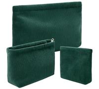 Sanwuta 3 Pack Corduroy Makeup Bag Set Cosmetic Toiletry Travel Pouch Organizer Velvet Makeup Bag for Women Large Pouch Zipper Purse Make up Organizer Case Accessories, Dark Green