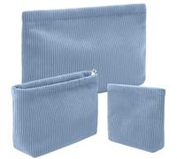 Sanwuta 3 Pack Corduroy Makeup Bag Set Cosmetic Toiletry Travel Pouch Organizer Velvet Makeup Bag for Women Large Pouch Zipper Purse Make up Organizer Case Accessories, Misty Blue