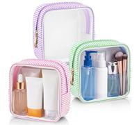 Sanwuta 3 Pcs Seersucker Mini Makeup Bags Stripe Women Pouch Clear Small Pouch for Purse Mini Square with Zipper Cosmetic Travel Makeup Bag Wedding Favor Mom Gift, Purple,Red,Green, 5 x 5 x 1.97