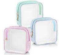 Sanwuta 3 Pcs Seersucker Mini Makeup Bags Stripe Women Pouch Clear Small Pouch for Purse Mini Square with Zipper Cosmetic Travel Makeup Bag Wedding Favor Mom Gift, Lake Blue,Pink,Light Blue