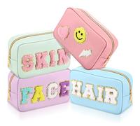 Sanwuta 4 Pcs Chenille Bag Preppy Patch Makeup Bag Cosmetic Bag Chenille Letters Toiletry Bag PU Leather Waterproof Portable Pouch Travel Organizer (Blue, Pink, Green, Purple, Fresh Style), Blue