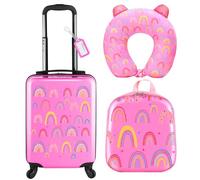 Sanwuta 4 Pcs Kids Luggage Set Kids Backpack Travel Rolling Suitcase with Wheels U-shape Pillow Childrens Gift for Girls Boys, Rainbow Pink, 17 Inch, Rainbow Style
