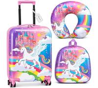 Sanwuta 4 Pcs Kids Luggage Set Rolling Suitcase Backpack U-shaped Pillow Kids Carry On Gift for Summer Travel Family Trip, Purple, 17 Inch, Unicorn Style