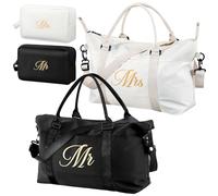 Sanwuta 4 Pcs Valentine's Day Mrs Mr Duffel Bag Set Include 2 Pcs Large Wedding Honeymoon Travel Bags and 2 Pcs Toiletry pouches Weekender Gym Tote for Couple Bride Groom His and Hers Party Gift,