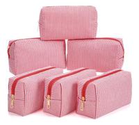 Sanwuta 6 Pcs Seersucker Cosmetic Bags Bulk, Striped Zippered,Red
