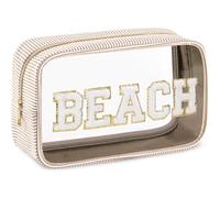 Sanwuta Seersucker bag Chenille Letter Clear Makeup Bag Seersucker Cosmetic Toiletry Stripe Pouch Large Preppy Storage Organizer for Women Essentials Makeup Case, Khaki, 26x16x9cm, Beach