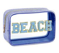 Sanwuta Seersucker bag Chenille Letter Clear Makeup Bag Seersucker Cosmetic Toiletry Stripe Pouch Large Preppy Storage Organizer for Women Essentials Makeup Case, Dark Blue, 26x16x9cm, Beach