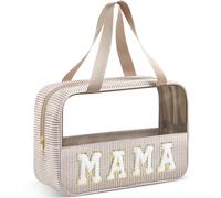 Sanwuta Seersucker Mama Bag Chenille Letter Clear Makeup Bag with Handle and Zipper Seersucker Stripe Preppy Women Cosmetic Pouch for Storage Travel Organizer(Khaki)