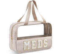 Sanwuta Seersucker Meds Bag Chenille Letter Clear Makeup Bag with Handle and Zipper Seersucker Stripe Preppy Women Cosmetic Pouch for Storage Travel Organizer(Khaki)