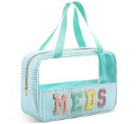 Sanwuta Seersucker Meds Bag Chenille Letter Clear Makeup Bag with Handle and Zipper Seersucker Stripe Preppy Women Cosmetic Pouch for Storage Travel Organizer(Lake Blue)