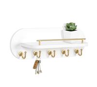 SANY DAYO HOME Key Holder Wall Mount White Wood Entryway Rack with 5 Gold Hooks, Metal Shelf Guardrail for Key Organizer, Living Room Decor (Oval, 14" x 5")
