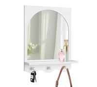 SANY DAYO HOME White 16"x12" Wood Framed Arched Mirror with Shelf and 3 Hooks, Wall Mounted Decorative Real Glass Hanging Mirror for Entryway, Bathroom, Bedroom, Laundry Room