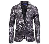 Sanykongy Men Stage Performance Jackets 3D Leopard Print Slim Fit Red Korean Blazer Social Suit Jacket Grey M
