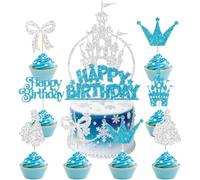 SANYUANHE Pack of 25 Silver Blue Frozen Cupcake Toppers, Ice Castle Winter Birthday Princess Crown Cake Decoration for Anniversaries, Children's Birthday, Weddings and Princess Theme Parties