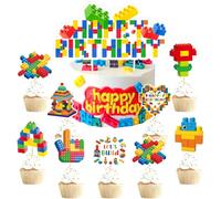 SANYUANHE Pack of 25 Teenage Children Building Block Cake Decoration, Building Blocks Cupcake Toppers, Building Blocks Happy Birthday Cake Decoration, Children's Birthday Decoration Building Blocks
