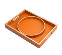 SANZIE Leather Tray Desktop Storage Organizer - Premium Serving & Decorative Tray for Sundries, Cosmetics, Phone, Wallet & Cutlery (Orange Holder with Disc)