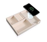 SANZIE Leather Valet Tray with Wireless Charger - Desk Organizer Tray Nightstand Organizer for Phone, Wallet, Keys, Sunglasses, Watches, Jewelry, and More (White-Medium)