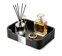 SANZIE Luxury Leather Tray Desktop Storage Catchall Organizer Decorative Tray for Entryway Table to Hold Jewellery Watch Keys Phone Wallet (Metal Silvered, Black)