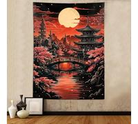 Sanzugh Anime Japanese Tapestry, Cool Japan Black and Red Sun Nature Forest Pink Cherry Blossom Art Vertical Tapestries Wall Hanging for Men Boys Bedroom Room Decor 40X60 Poster
