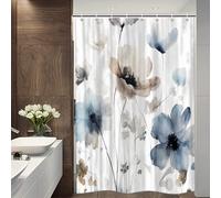 Sanzugh Boho Floral Camper RV Shower Curtain for Travel Trailer Bathroom, Cream Tan Beige Blue Camping Small Fabric Shower Curtains Set, Happy Camp Outdoor Decor Accessories with Hooks 47X64 inch