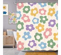 Sanzugh Cute Pastel Flower Shower Curtain, Boho Retro Floral 70S Aesthetic Fabric Shower Curtains Set for Girls Kids Bathroom Groovy Pink Floral Funky Decoration with Hooks 72 X 72 Inch Bath Decor