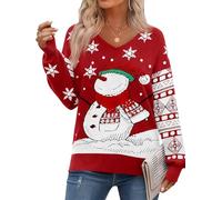 Saodimallsu Christmas Jumper Women's Sweater Christmas Jumper Long Sleeve V-Neck Knitted Jumper Snowman Winter Warm Knitted Jumper for Christmas, red, L