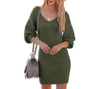 Saodimallsu Knitted Dress Women's V-Neck Jumper Dress Long Sleeve Pullover Elegant Mini Dress Sweater Casual Dress Tunic for Autumn Winter, Army Green, XL
